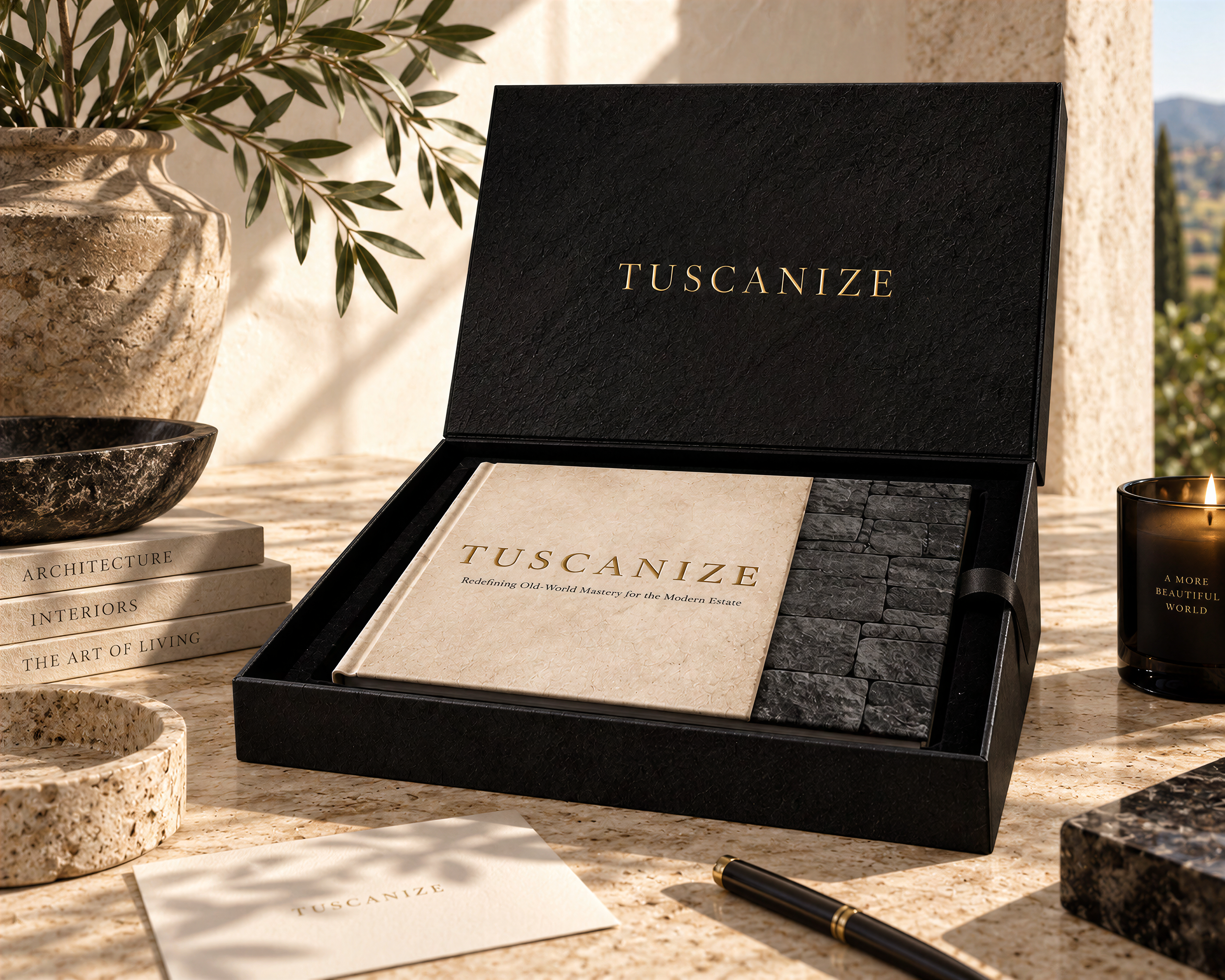 The Couture Box Set resting on a raw travertine counter in a luxury estate interior