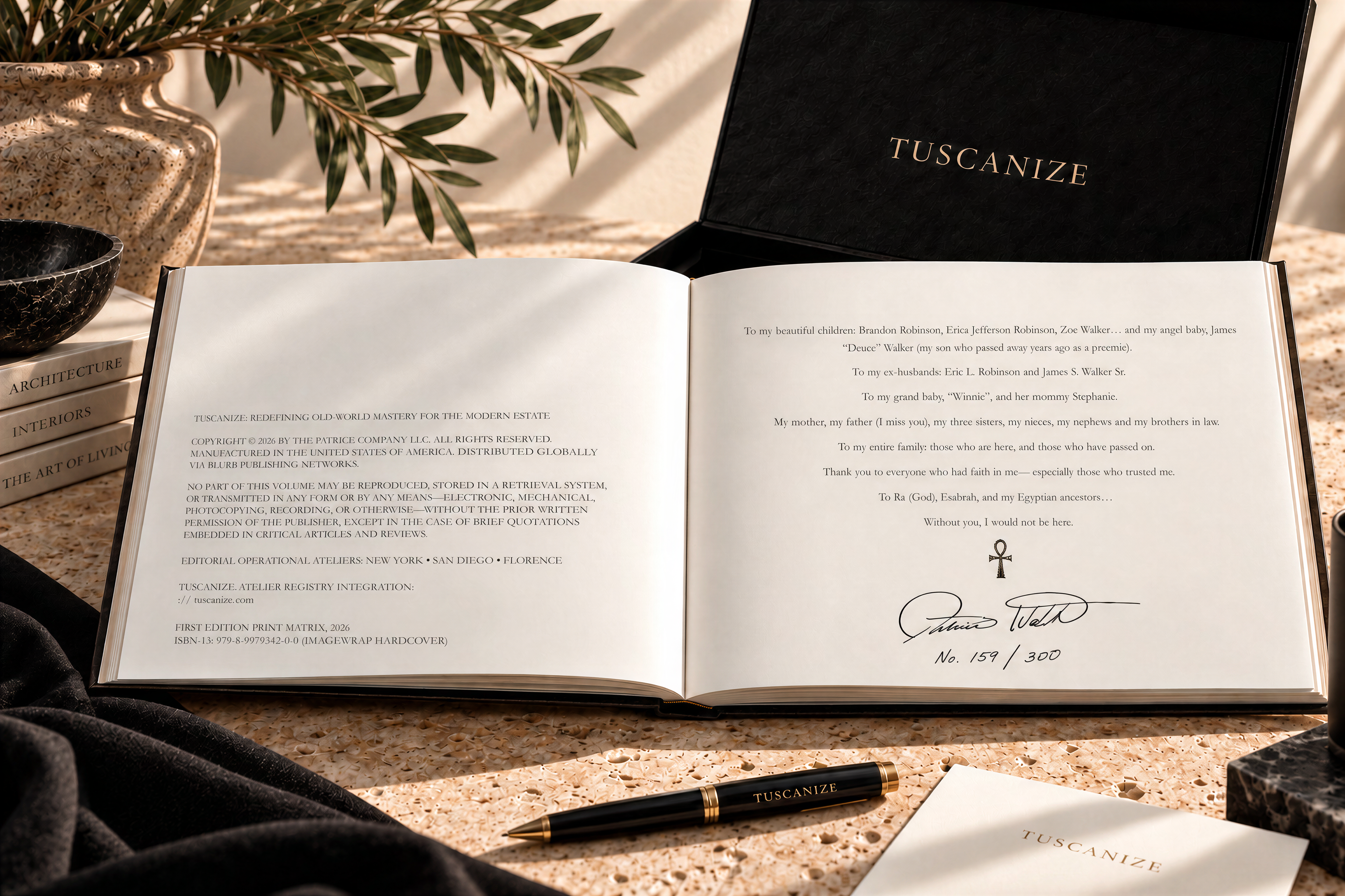 Open dedication page showing archival ink signature and hand-printed impression number 042 of 300
