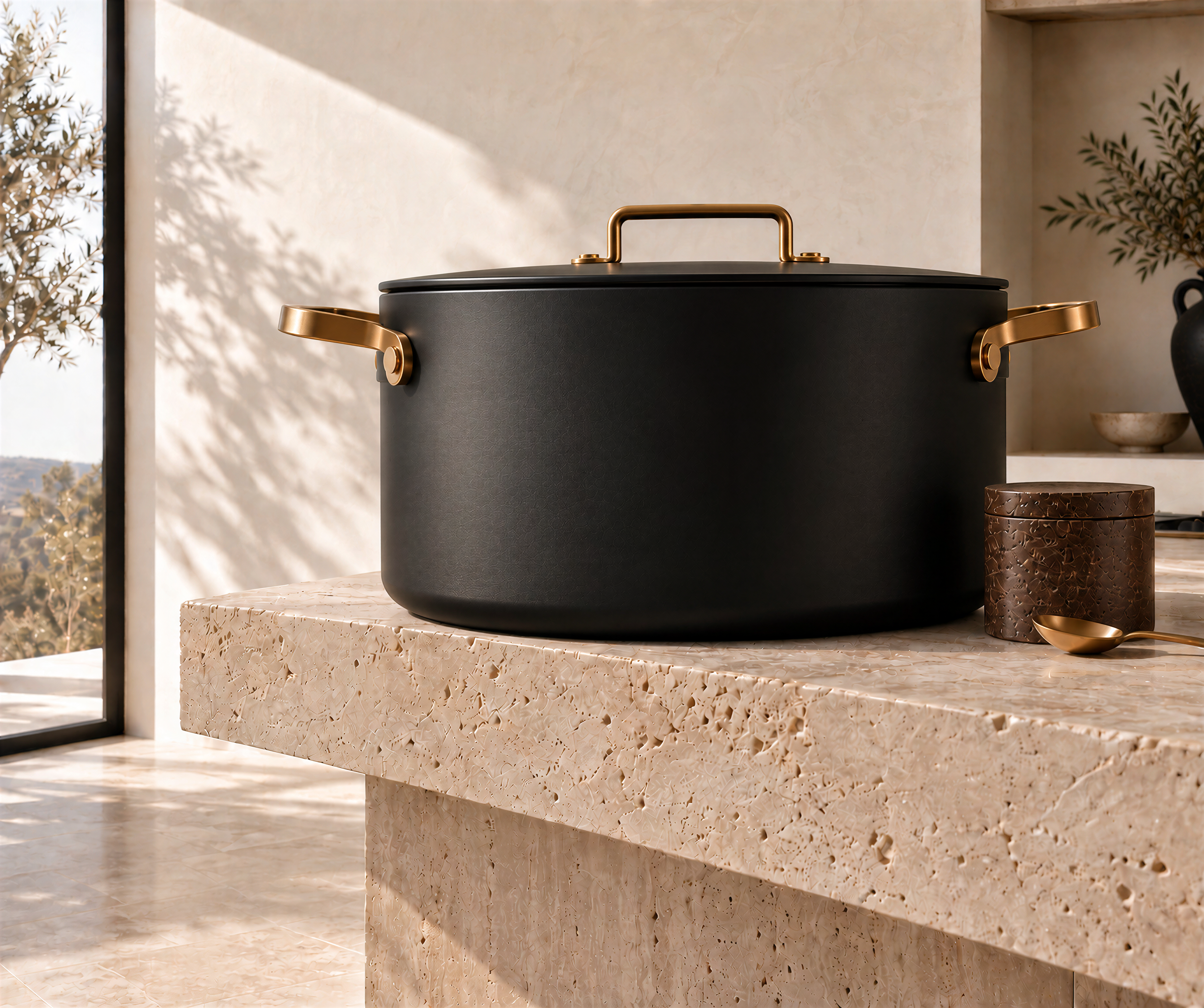 Cast obsidian pot with brass fittings, atelier kitchen, Val d'Orcia